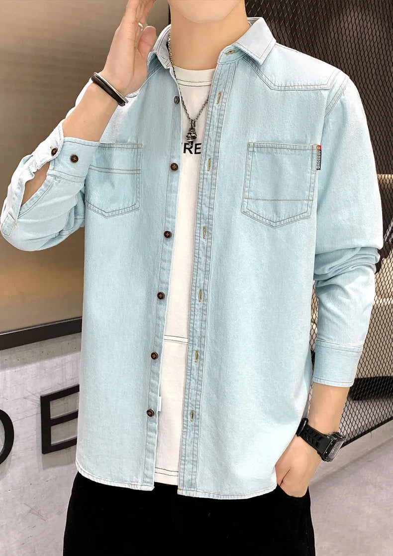 New Men's Denim Shirt Pure Cotton Washed Fashion Top Youth Style Japanese Design Autumn Collection Slim Fit Long Sleeve Casua...
