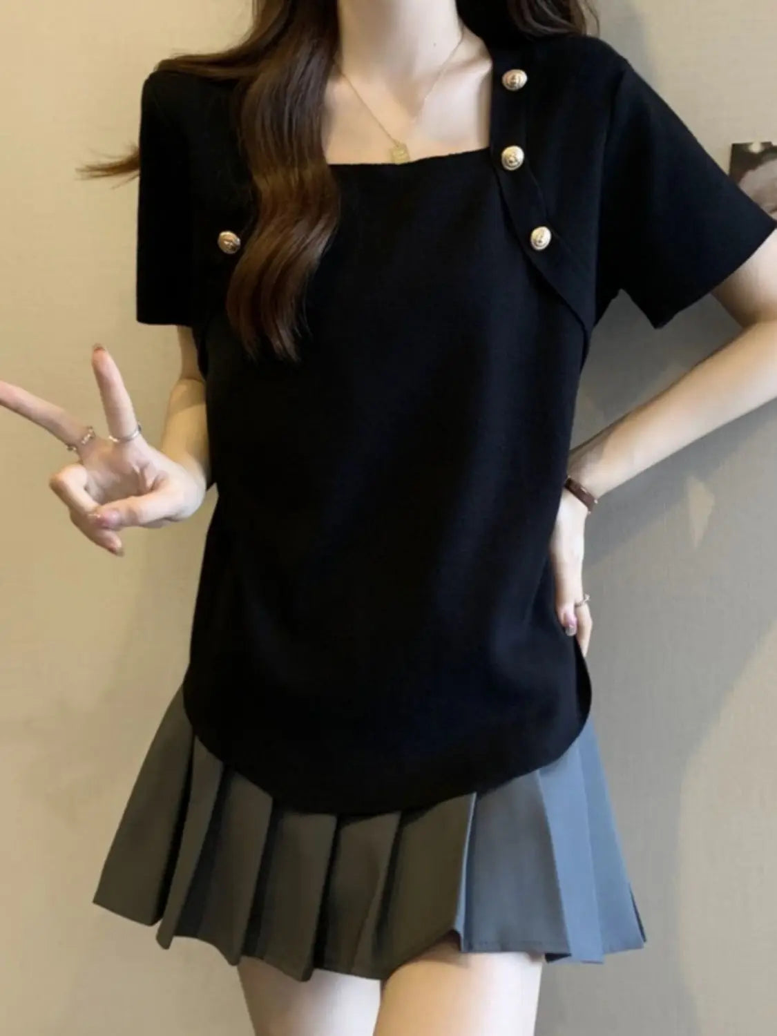 Women Plus Size Square Neck Ice Silk Irregular Hem Short Sleeve T Shirt Loose Slimming Casual Summer Top