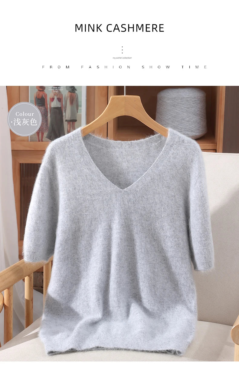 Women's 100% pure mink cashmere V-neck sweater T-shirt solid color knitted fashionable versatile short sleeved pullover sweater