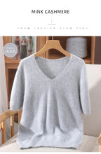 Women's 100% pure mink cashmere V-neck sweater T-shirt solid color knitted fashionable versatile short sleeved pullover sweater