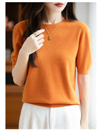 Fall/winter women's O-neck basic warm casual pullover fashion short sleeve 100% wool 22-color knitted sweater.