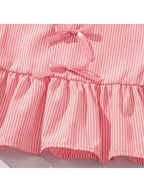 Fashion girl pink and white striped round neck lace up bow ruffle edge+pink striped side butterfly shorts two-piece set