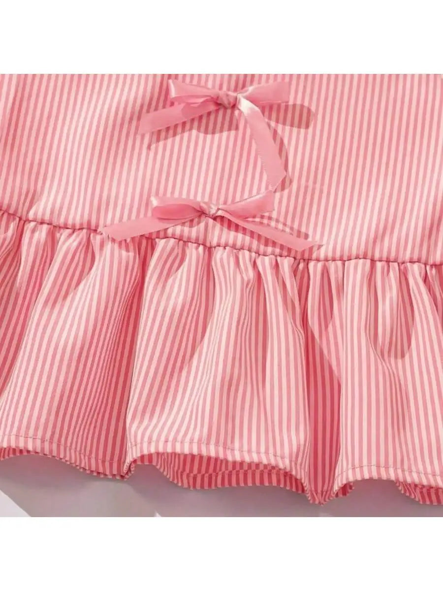 Fashion girl pink and white striped round neck lace up bow ruffle edge+pink striped side butterfly shorts two-piece set