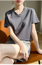 Summer V-neck 100% Cotton Short-Sleeved T-Shirt Women's Loose Mercerized Cotton Half-Sleeve Bottoming Shirt White High-end Top
