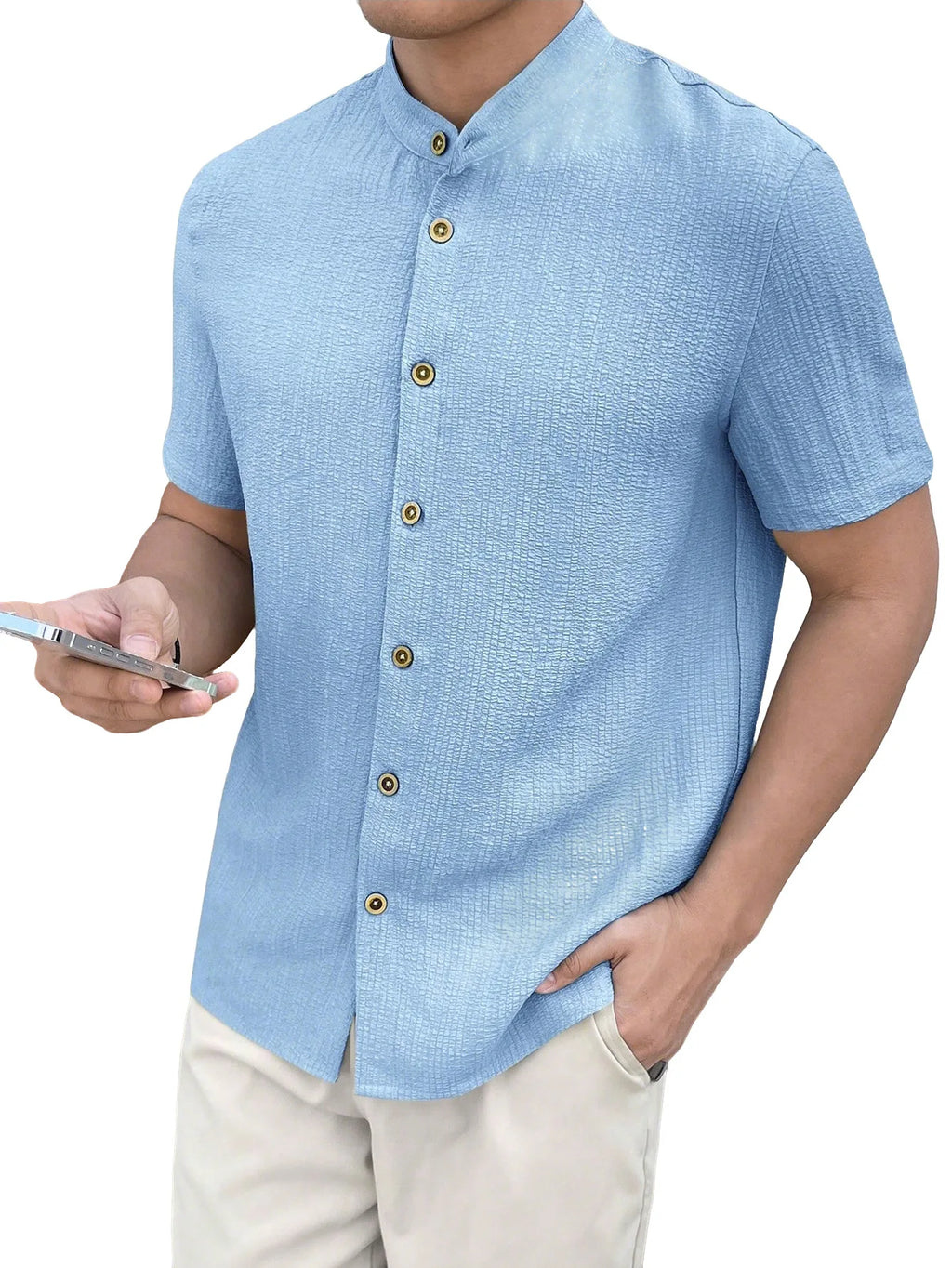 Casual Summer Shirt Men's Stand Collar Short Sleeve Light Maturity Leisure T-Shirt Open Cardigan Polyester Quick Dry Anti-Def...