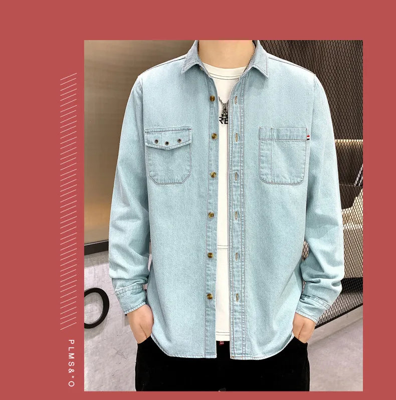 New Men's Denim Shirt Pure Cotton Washed Fashion Top Youth Style Japanese Design Autumn Collection Slim Fit Long Sleeve Casua...