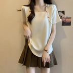 Women Plus Size Square Neck Ice Silk Irregular Hem Short Sleeve T Shirt Loose Slimming Casual Summer Top
