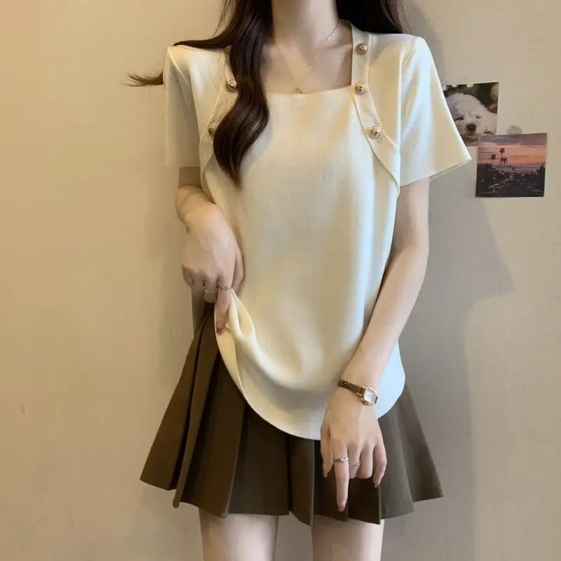 Women Plus Size Square Neck Ice Silk Irregular Hem Short Sleeve T Shirt Loose Slimming Casual Summer Top