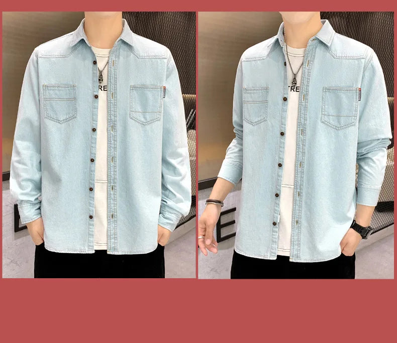 New Men's Denim Shirt Pure Cotton Washed Fashion Top Youth Style Japanese Design Autumn Collection Slim Fit Long Sleeve Casua...