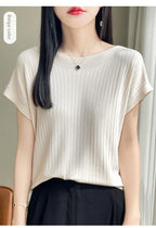 Summer Thin Ice Silk Knitted Loose T-Shirt Women's Short Sleeve Versatile Top Breathable Cool Feeling Pure Color Basic Fit