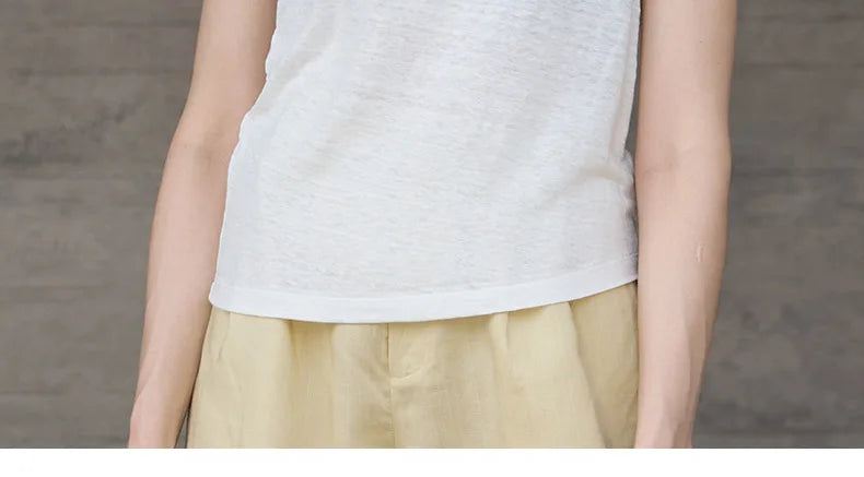 100% Hemp Knitted Thin Tank Top For Women Solid Color Summer Round Neck Sleeveless New Breathable Tops White Tops
