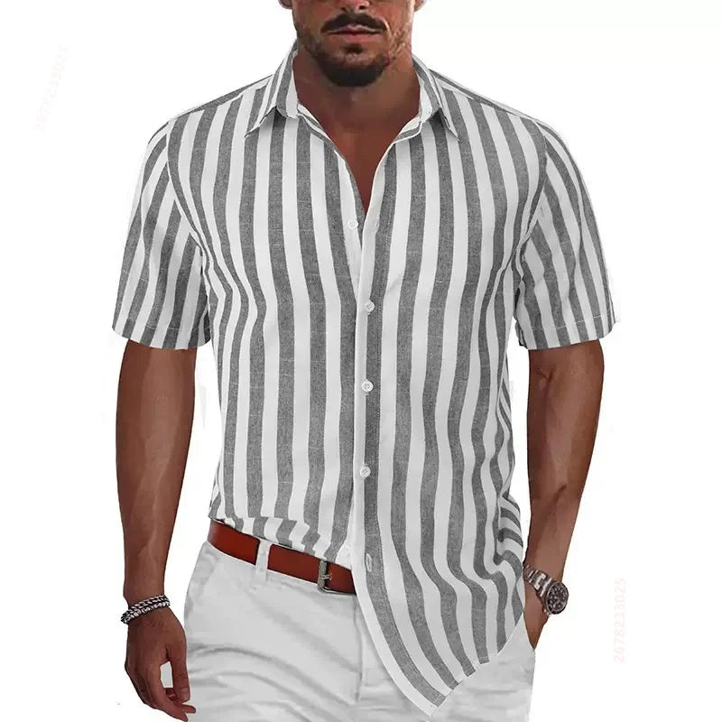 2026 Summer New Men's Striped Short-Sleeve Shirt, Multiple Colors Available, Outdoor Streetwear Casual Fashion Men's Top, XS-6XL