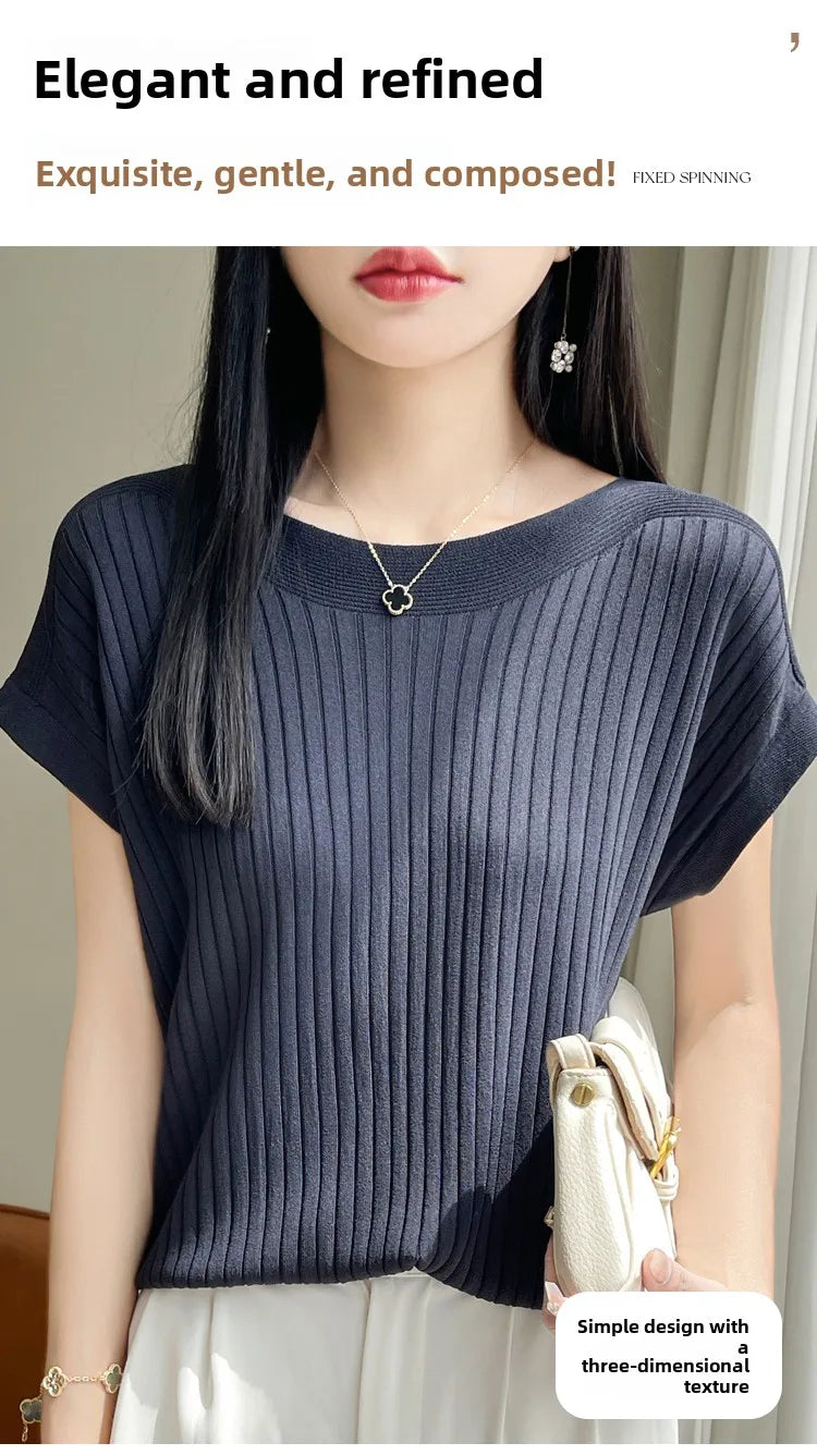 Summer Thin Ice Silk Knitted Loose T-Shirt Women's Short Sleeve Versatile Top Breathable Cool Feeling Pure Color Basic Fit
