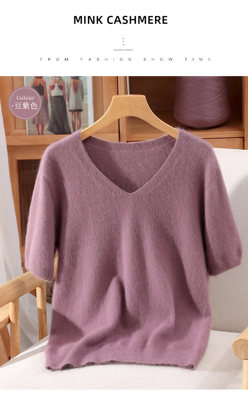 Women's 100% pure mink cashmere V-neck sweater T-shirt solid color knitted fashionable versatile short sleeved pullover sweater