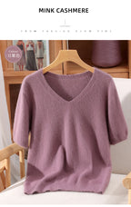 Women's 100% pure mink cashmere V-neck sweater T-shirt solid color knitted fashionable versatile short sleeved pullover sweater