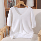 Women's 100% pure mink cashmere V-neck sweater T-shirt solid color knitted fashionable versatile short sleeved pullover sweater