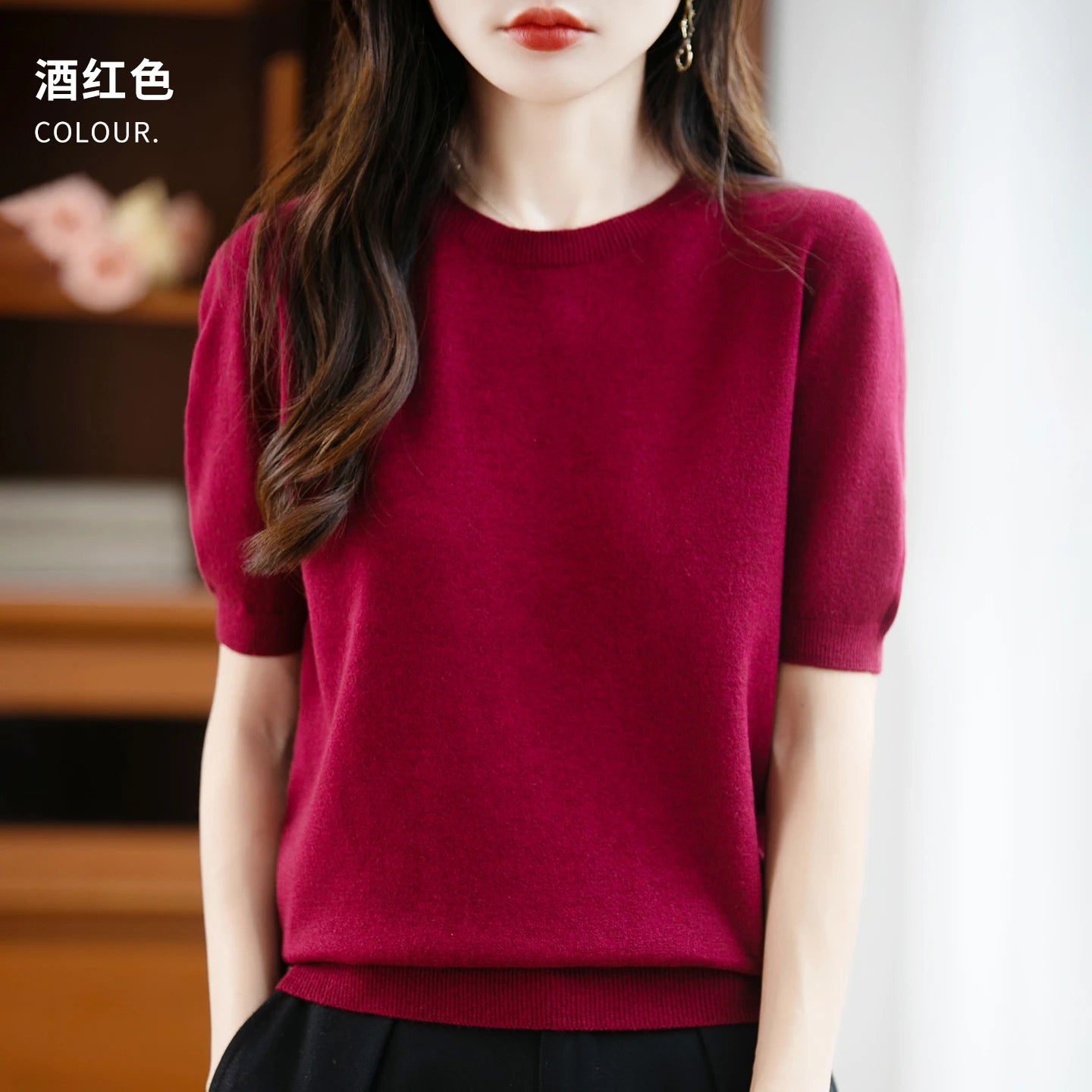 Fall/winter women's O-neck basic warm casual pullover fashion short sleeve 100% wool 22-color knitted sweater.