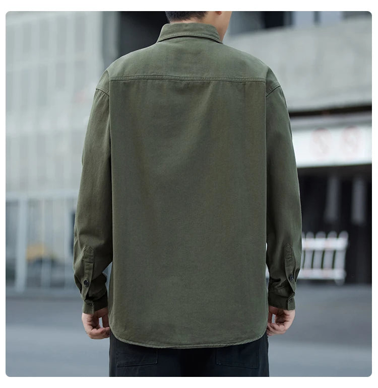 Men's Pure Cotton Long Sleeve Shirt Vintage Workwear Simple Style Autumn Winter New Arrival Casual Versatile Top Youth Fashion
