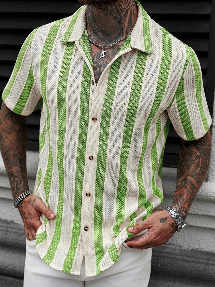 Vacation Casual Mens Knitted Shirts Short Sleeve Button-up Lapel Knit Shirt 2026 Spring Summer Stylish Patchwork Striped Shirts
