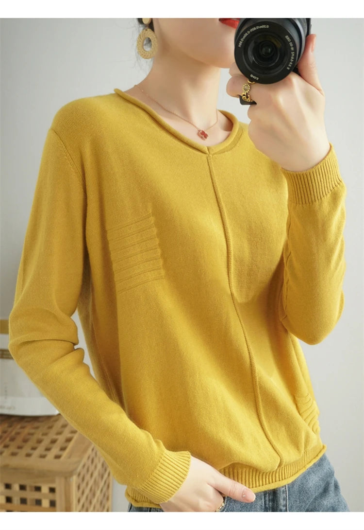 2023 Autumn/Winter Women's New Pullover Casual Solid 100% Cotton Knitted V-Neck Loose Sweater Fashion Soft Breathable Top
