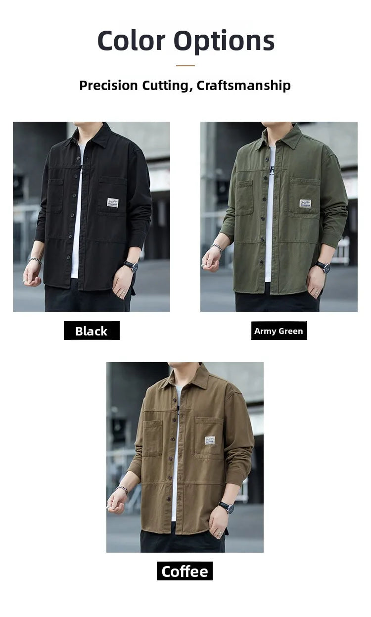 Men's Pure Cotton Long Sleeve Shirt Vintage Workwear Simple Style Autumn Winter New Arrival Casual Versatile Top Youth Fashion