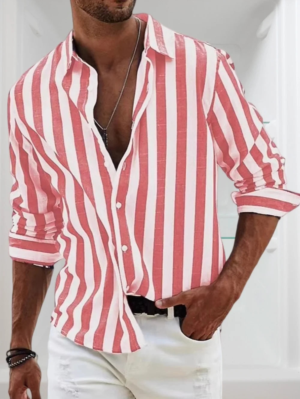New Selected Men's Spring and Summer Retro Striped Shirts Long Sleeved Single Breasted Button Tops Trendy Casual Men's Clothing