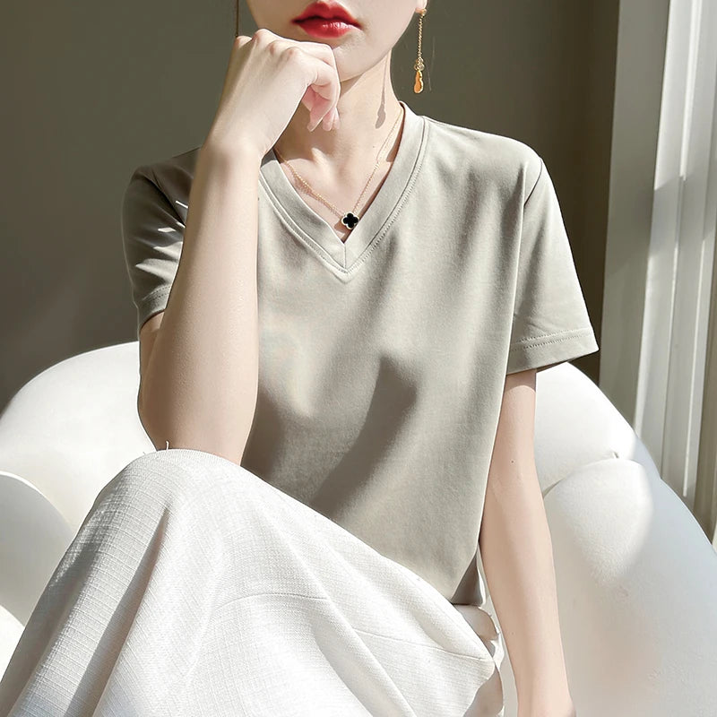 Summer V-neck 100% Cotton Short-Sleeved T-Shirt Women's Loose Mercerized Cotton Half-Sleeve Bottoming Shirt White High-end Top