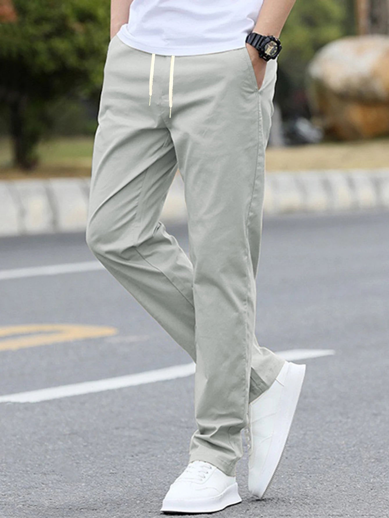 Men's Solid Color Casual Fashion Trousers with Drawstring Waist Regular Fit Pocket Trousers