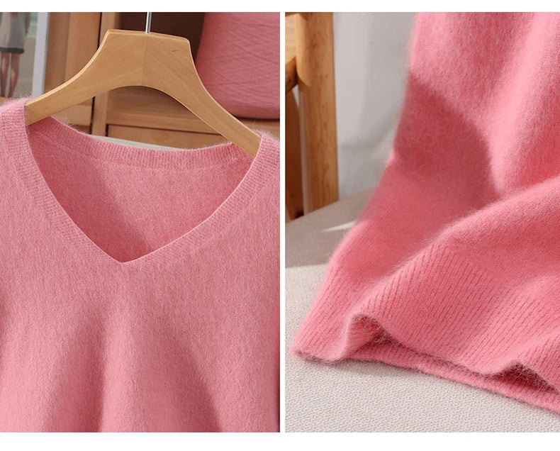 Women's 100% pure mink cashmere V-neck sweater T-shirt solid color knitted fashionable versatile short sleeved pullover sweater