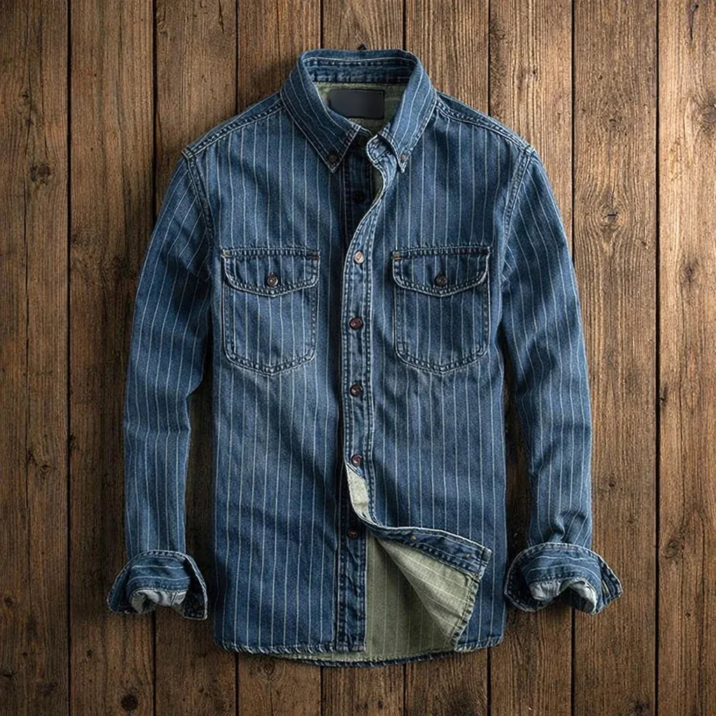 Retro Denim Striped Shirt Men's Casual Slim Fit Spring Fashion Outerwear Lightweight Long Sleeve Polyester Fiber Urban Style