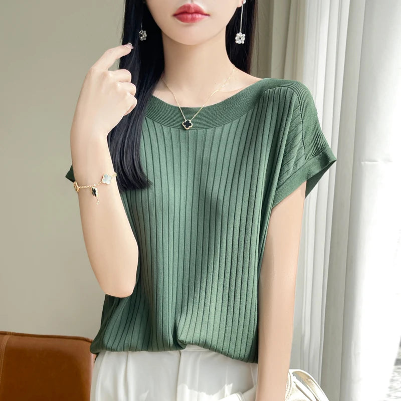 Summer Thin Ice Silk Knitted Loose T-Shirt Women's Short Sleeve Versatile Top Breathable Cool Feeling Pure Color Basic Fit