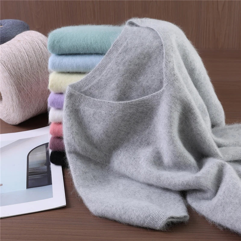 Women's 100% pure mink cashmere V-neck sweater T-shirt solid color knitted fashionable versatile short sleeved pullover sweater