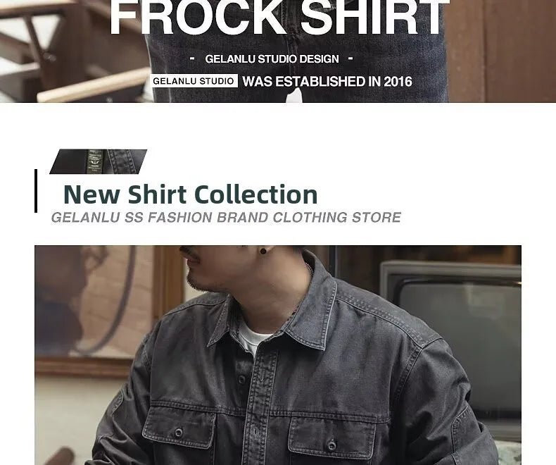 Retro American Workwear Long Sleeve Men's Denim Shirt Jacket Autumn Loose Hunting Style Casual Fashion Outerwear Coat