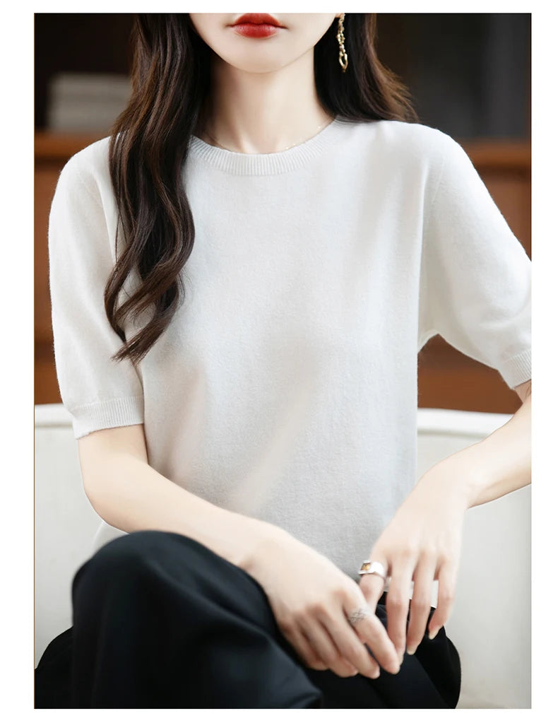 Fall/winter women's O-neck basic warm casual pullover fashion short sleeve 100% wool 22-color knitted sweater.