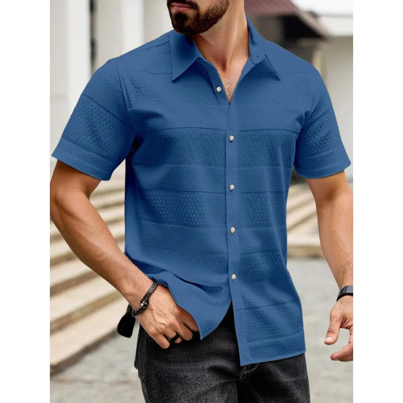 Men's Pure Color Flat Button Casual Short Sleeve Shirt Autumn Winter New Style Slim Fit Comfortable Breathable Fashionable