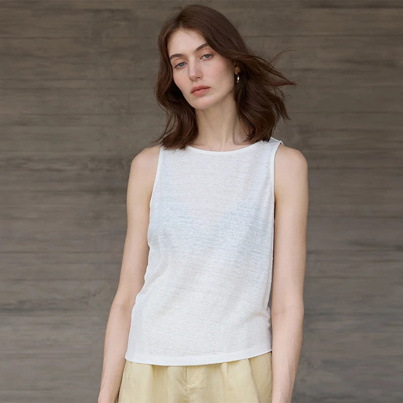 100% Hemp Knitted Thin Tank Top For Women Solid Color Summer Round Neck Sleeveless New Breathable Tops White Tops