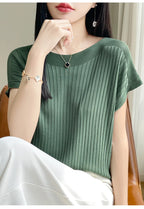 Summer Thin Ice Silk Knitted Loose T-Shirt Women's Short Sleeve Versatile Top Breathable Cool Feeling Pure Color Basic Fit