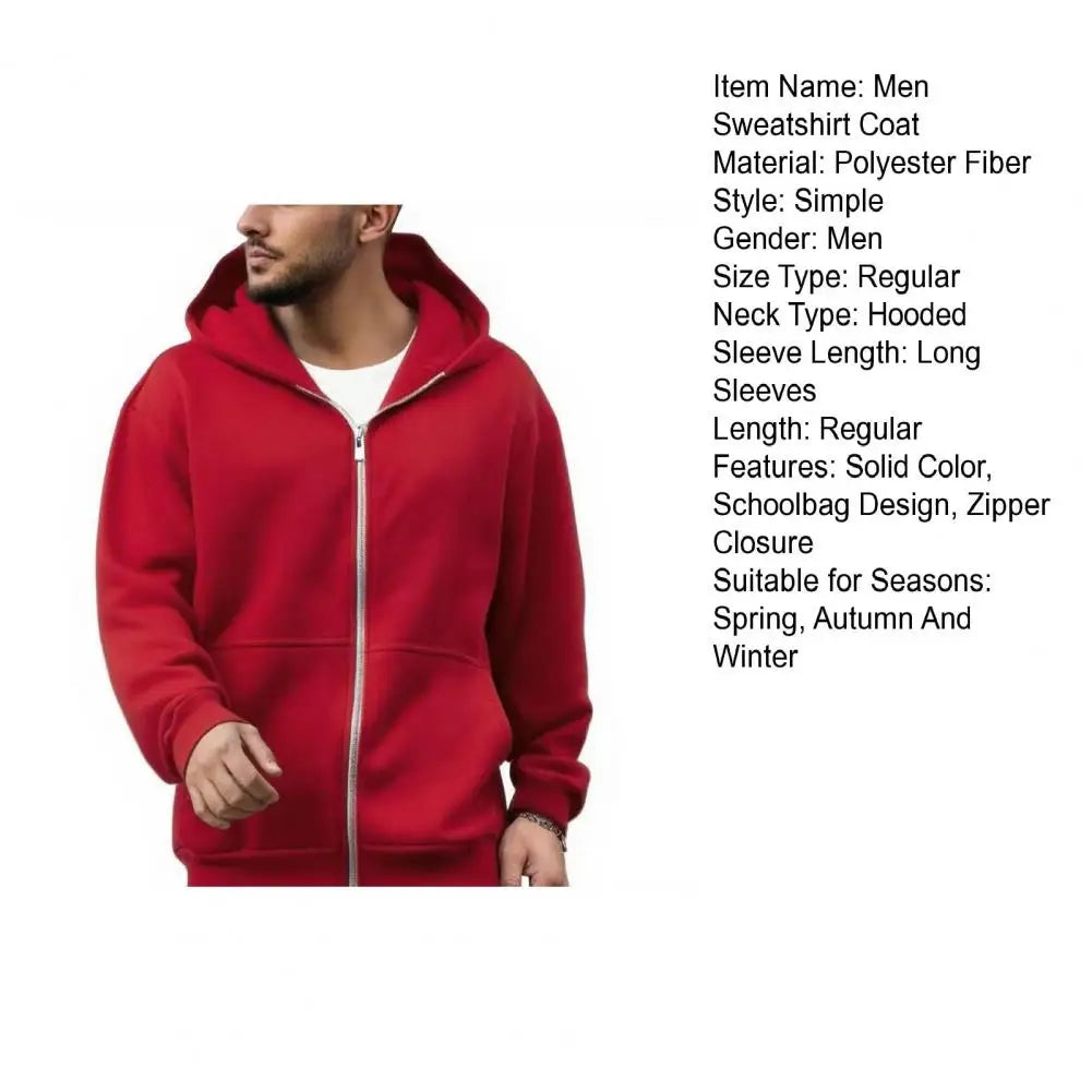 Men Backpack Sweatshirt Coat Long Sleeve Zipper Closure Hoodie with Schoolbag Design Solid Color Loose Fit Outerwear