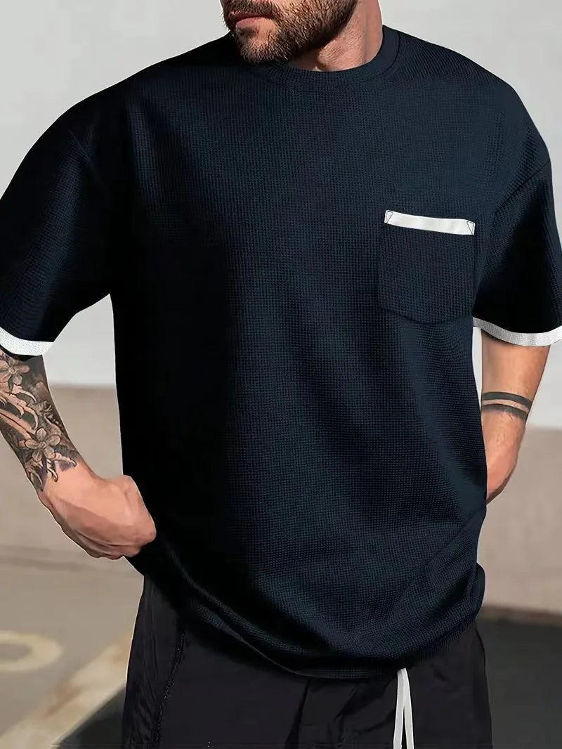 summer Casual breathable Men Tops Patchwork pocket sports pullover Textured Male Loose round collar short sleeve men T-shirts
