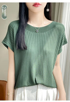 Summer Thin Ice Silk Knitted Loose T-Shirt Women's Short Sleeve Versatile Top Breathable Cool Feeling Pure Color Basic Fit