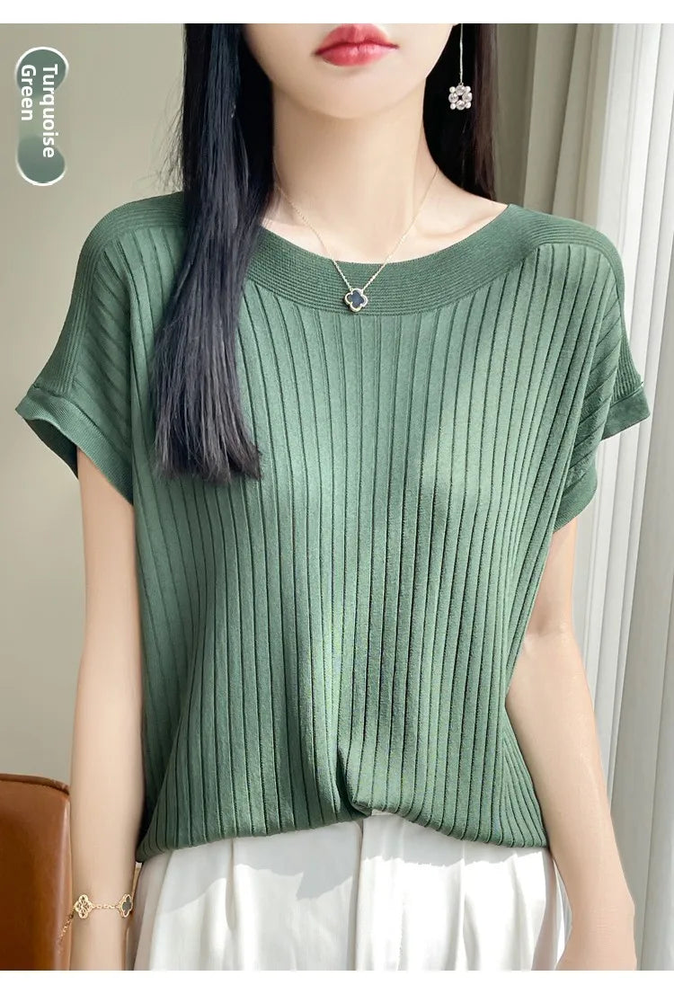 Summer Thin Ice Silk Knitted Loose T-Shirt Women's Short Sleeve Versatile Top Breathable Cool Feeling Pure Color Basic Fit
