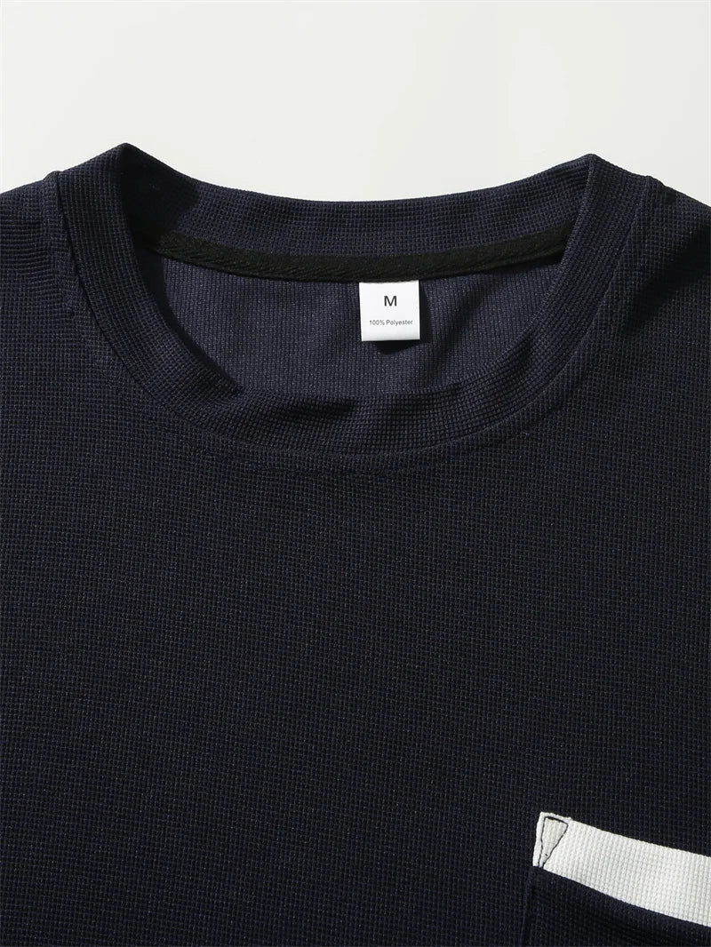 summer Casual breathable Men Tops Patchwork pocket sports pullover Textured Male Loose round collar short sleeve men T-shirts