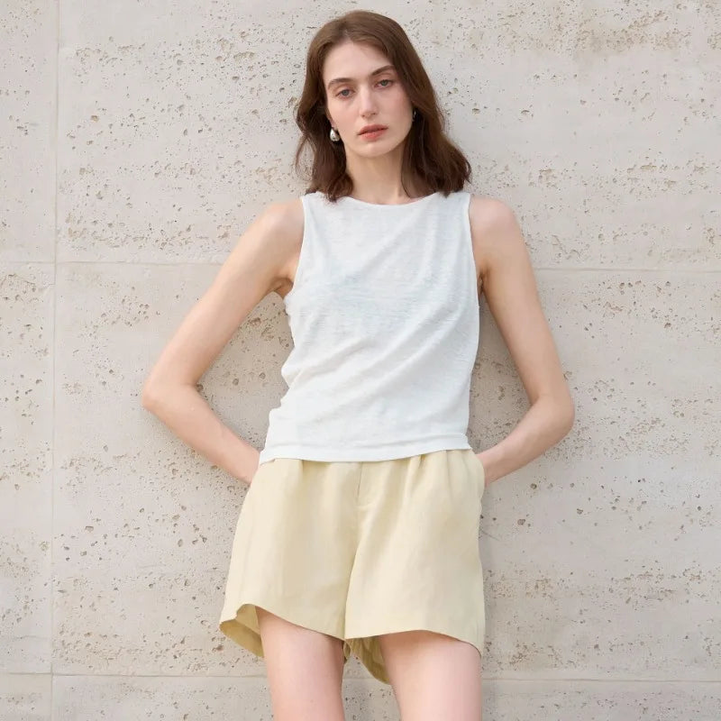 100% Hemp Knitted Thin Tank Top For Women Solid Color Summer Round Neck Sleeveless New Breathable Tops White Tops