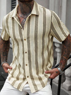 Vacation Casual Mens Knitted Shirts Short Sleeve Button-up Lapel Knit Shirt 2026 Spring Summer Stylish Patchwork Striped Shirts