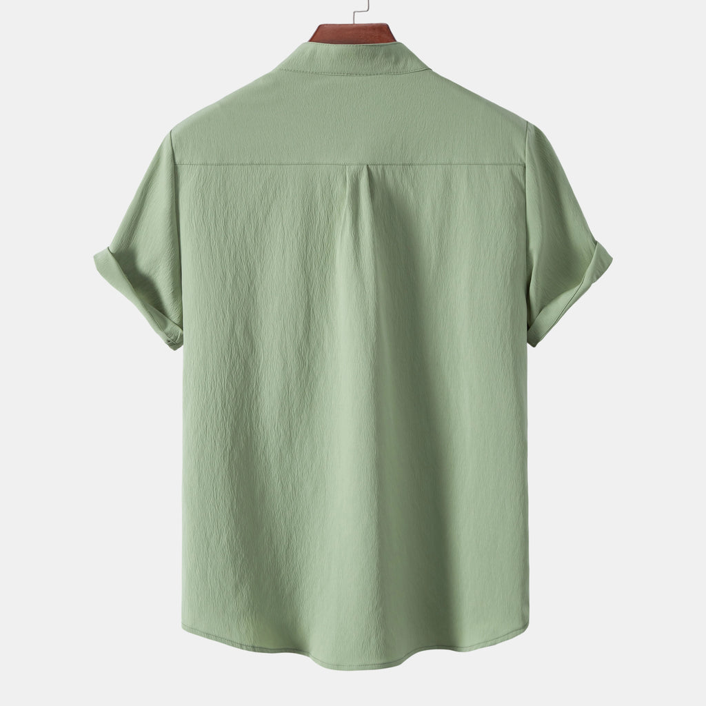 2026New men's short sleeved solid color standing collar cardigan casual shirt for foreign trade
