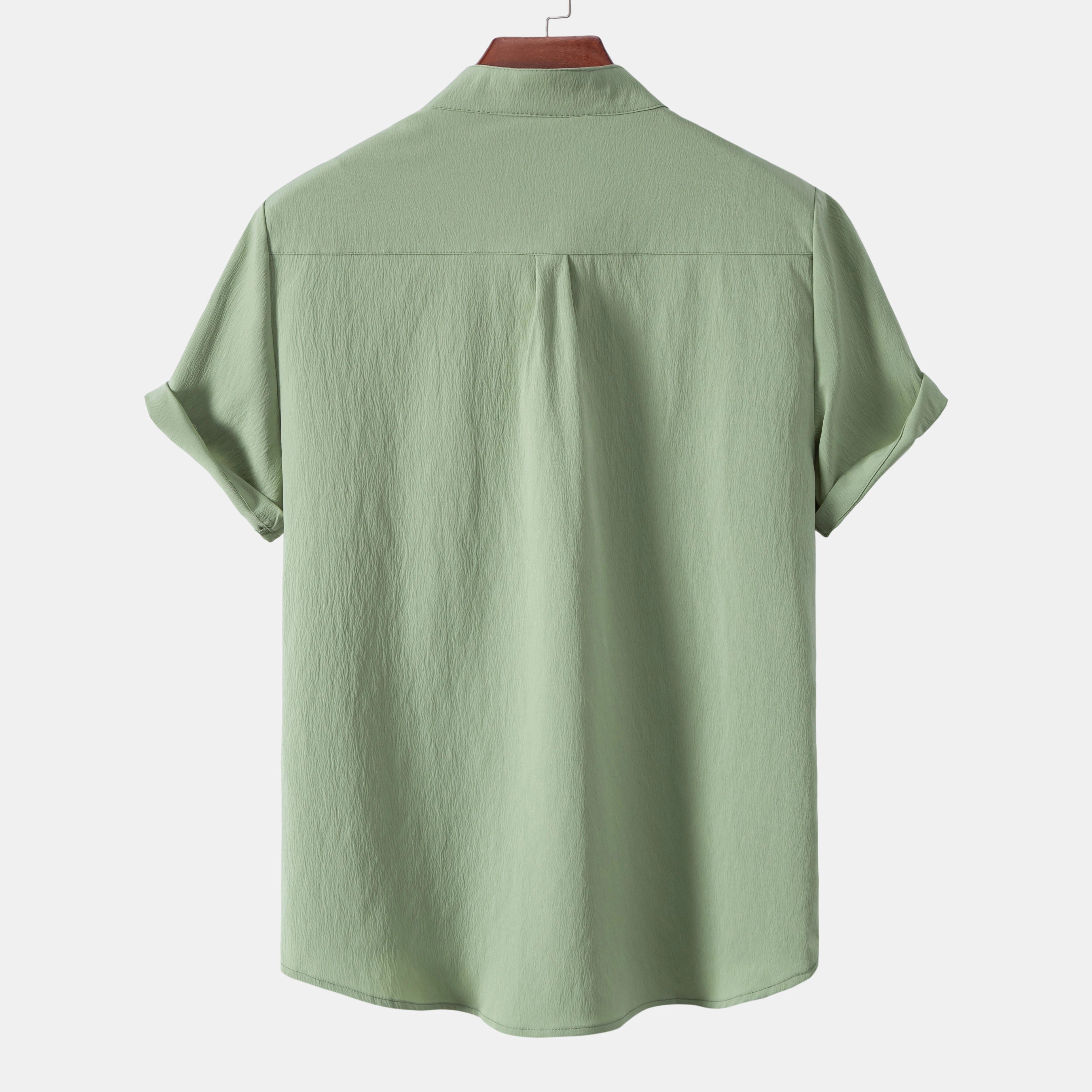 2026New men's short sleeved solid color standing collar cardigan casual shirt for foreign trade
