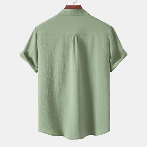 2026New men's short sleeved solid color standing collar cardigan casual shirt for foreign trade