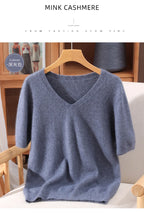 Women's 100% pure mink cashmere V-neck sweater T-shirt solid color knitted fashionable versatile short sleeved pullover sweater