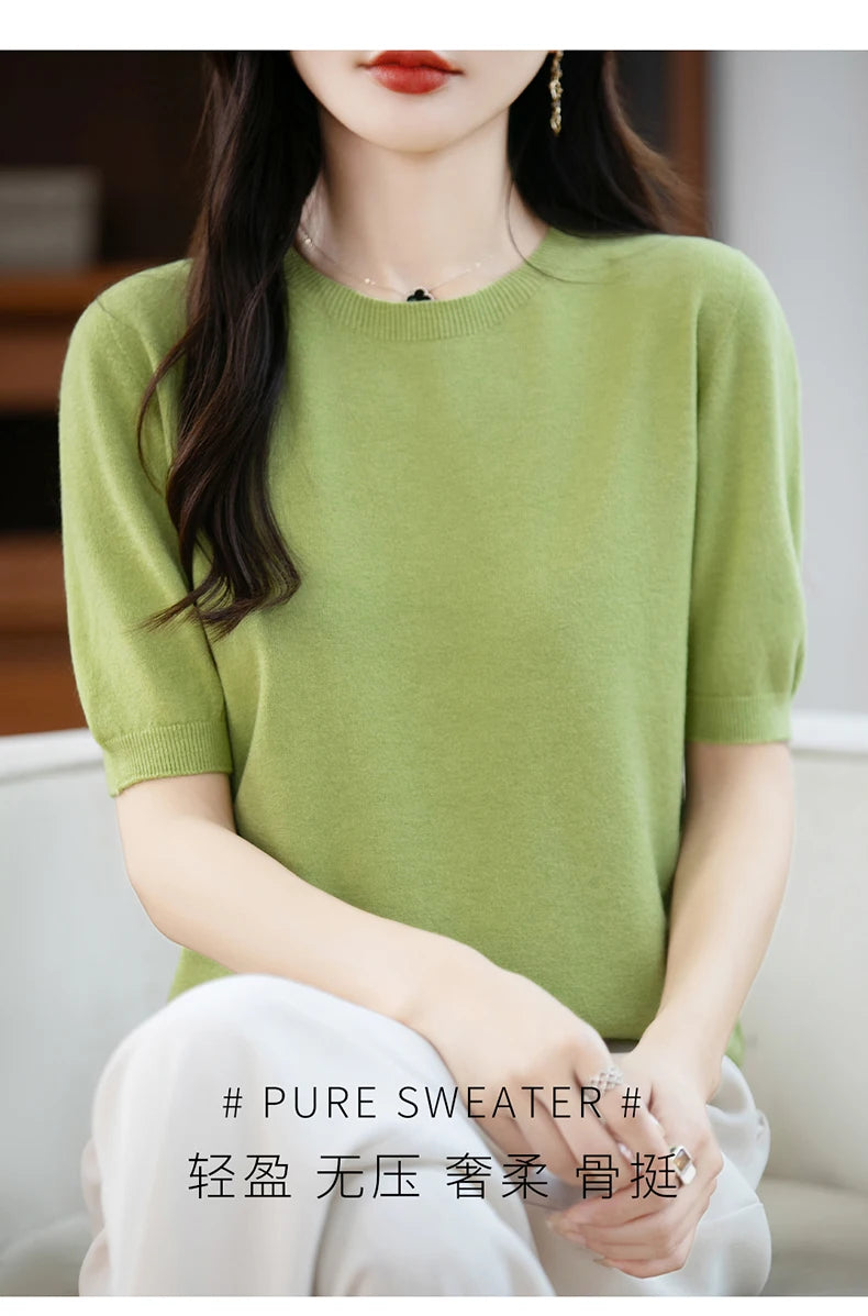Fall/winter women's O-neck basic warm casual pullover fashion short sleeve 100% wool 22-color knitted sweater.