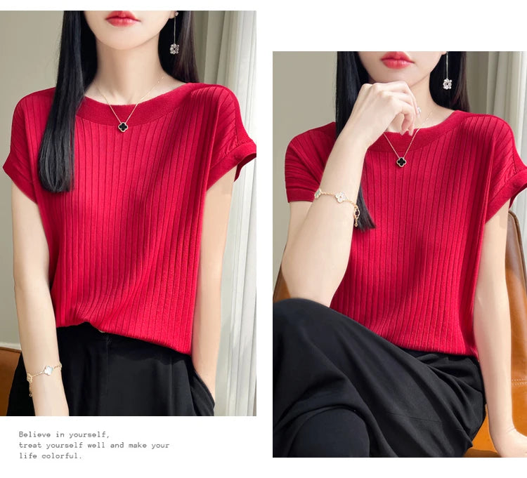 Summer Thin Ice Silk Knitted Loose T-Shirt Women's Short Sleeve Versatile Top Breathable Cool Feeling Pure Color Basic Fit